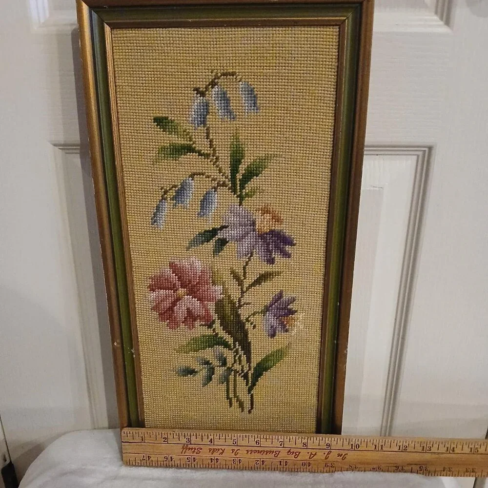VTG MCM Floral Framed Needlepoint Embroidered Tapestry Weaving 18x 9 Cottagecore